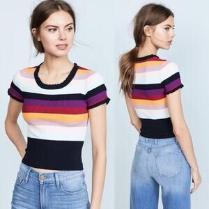 Cinq a Sept Nicolette Rainbow Striped Rib Knit Short Sleeve Sweater Top Sz M